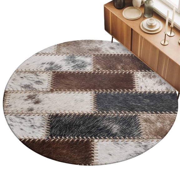 3ft Round Rug Modern Cow Print Area Rugs for Living Room Bedroom Washable Non Slip Circle Rug Country Patchwork Cowhide Fur Brown Grey Indoor Floor Carpet for Kitchen Entryway Office Dining Room Home
