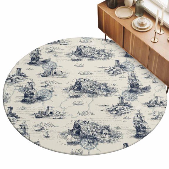 3ft Round Rug Nautical Ship Area Rugs for Living Room Bedroom Washable Non Slip Circle Rug Retro Coastal Ocean Lighthouse Mountain Map Indoor Floor Carpet for Kitchen Entryway Office Dining Room Home