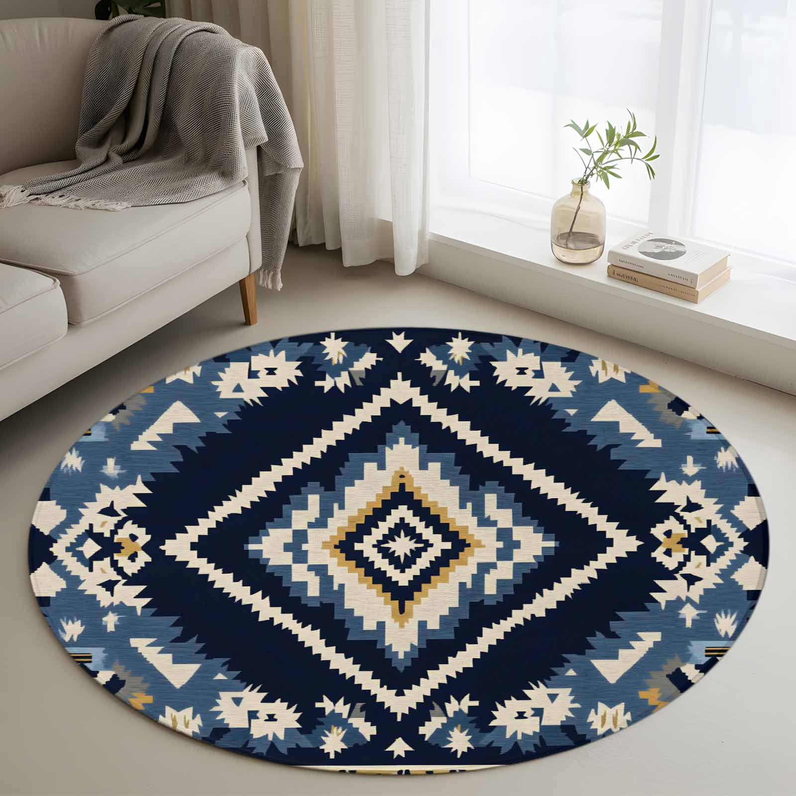 3ft Round Rug, Navy Blue Brown Boho Non-Skid Rubber Backing Large Area ...