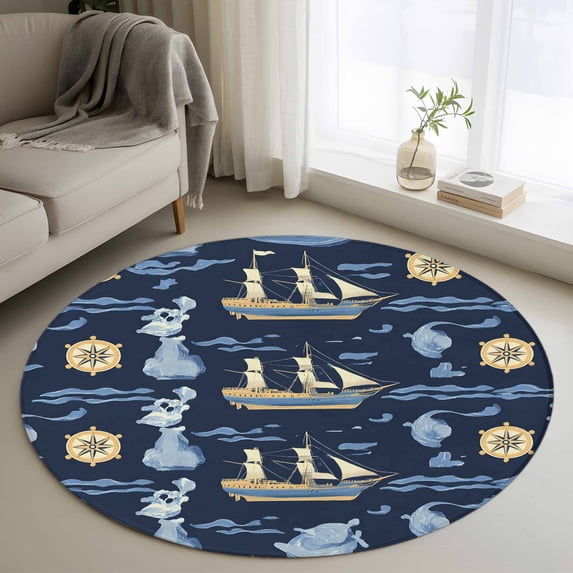 Round Rubber Rug 3ft Round Rug, Navy Blue Coastal Non-Skid Rubber Backing Large Area ...