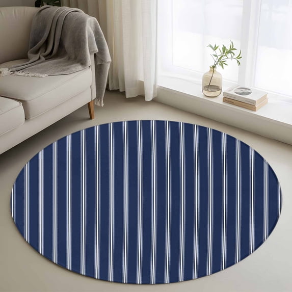 3ft Round Rug, Navy Blue Striped Non-Skid Rubber Backing Large Area Rugs - Living Room Bedroom Home Office, Navy Blue White Farmhouse Stripes Indoor Floor Mat Carpets Washable Rug