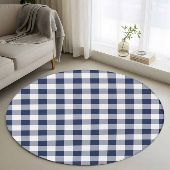3ft Round Rug, Navy Blue White Plaid Non-Skid Rubber Backing Large Area Rugs - Living Room Bedroom Home Office, Farmhouse Checkered Buffalo Indoor Floor Mat Carpets Washable Rug