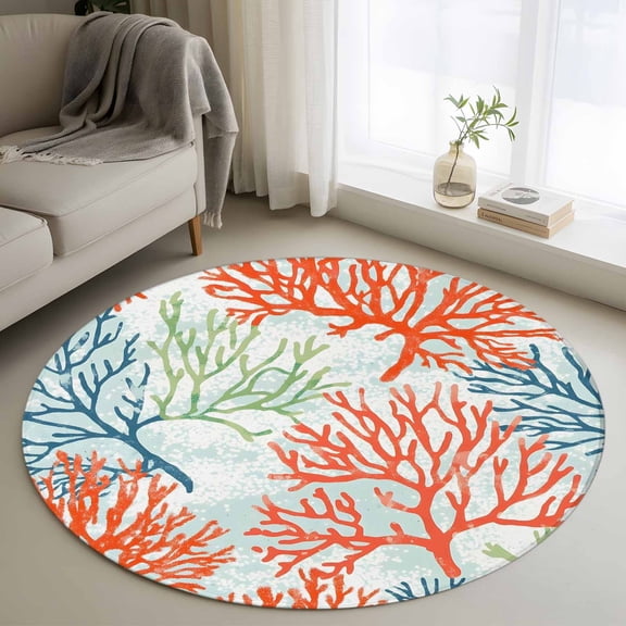 3ft Round Rug, Ocean Coral Non-Skid Rubber Backing Large Area Rugs - Living Room Bedroom Home Office, Abstract Boho Gradient Coastal Polka Dots Indoor Floor Mat Carpets Washable Rug