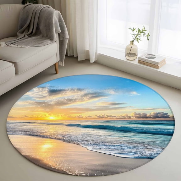 3ft Round Rug, Ocean Sunset Non-Skid Rubber Backing Large Area Rugs - Living Room Bedroom Home Office, Beach Blue Sky Coastal Seashore Summer Indoor Floor Mat Carpets Washable Rug