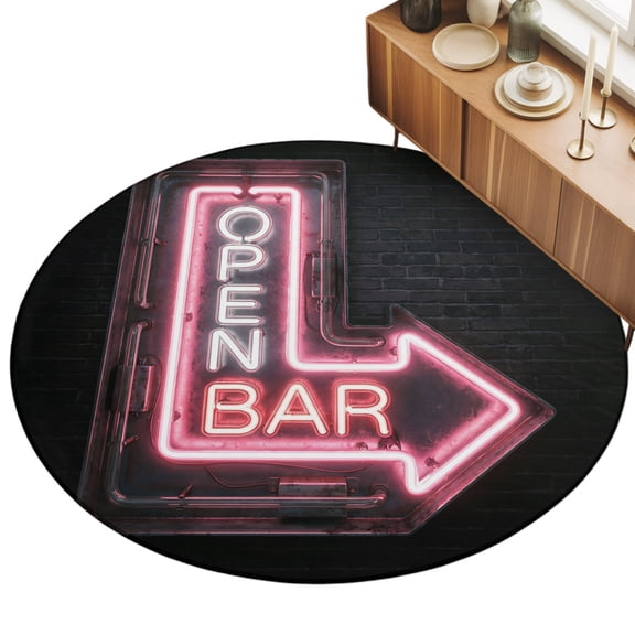 3ft Round Rug Open Bar Sign Area Rugs for Living Room Bedroom Washable Non Slip Circle Rug Modern Neon Light Geometric Graffiti Indoor Floor Carpet for Kitchen Entryway Office Dining Room Home