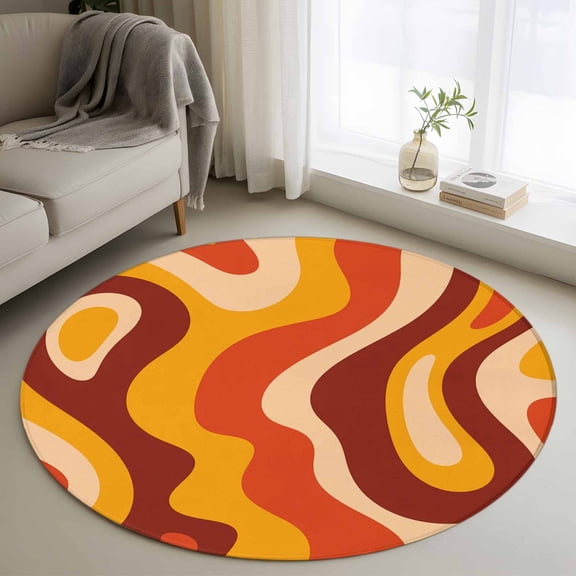 3ft Round Rug, Orange Brown Non-Skid Rubber Backing Large Area Rugs - Living Room Bedroom Home Office, Modern Farmhouse Abstract Patterned Art Indoor Floor Mat Carpets Washable Rug