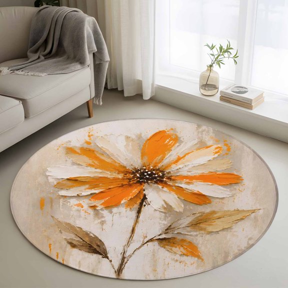 3ft Round Rug, Orange Floral Non-Skid Rubber Backing Large Area Rugs - Living Room Bedroom Home Office, Oil Painting Modern Abstract Art Flowers Indoor Floor Mat Carpets Washable Rug