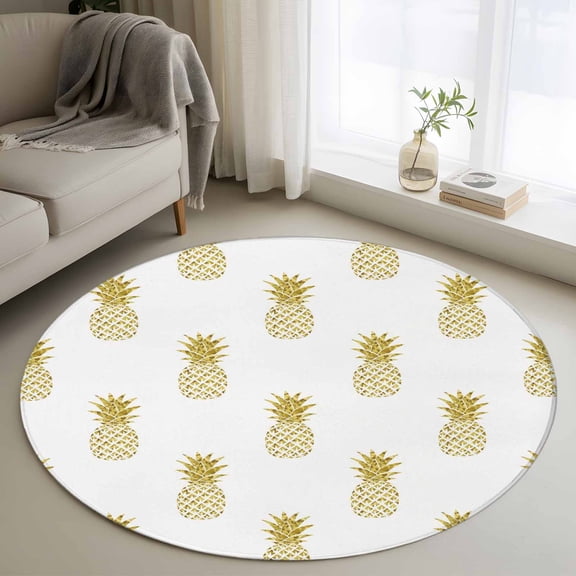 3ft Round Rug, Pineapple Non-Skid Rubber Backing Large Area Rugs - Living Room Bedroom Home Office, Modern Abstract Yellow Fruits Textured Indoor Floor Mat Carpets Washable Rug