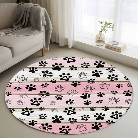 3ft Round Rug, Pink Beige Paw Print Non-Skid Rubber Backing Large Area Rugs - Living Room Bedroom Home Office, Vintage Farmhouse Country Wooden Grain Indoor Floor Mat Carpets Washable Rug