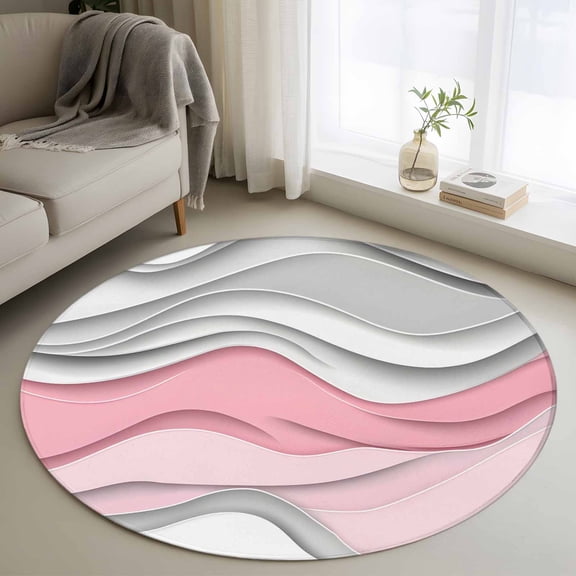 3ft Round Rug, Pink Gray Ombre Non-Skid Rubber Backing Large Area Rugs - Living Room Bedroom Home Office, Modern Abstract Moire Art Geometric Indoor Floor Mat Carpets Washable Rug