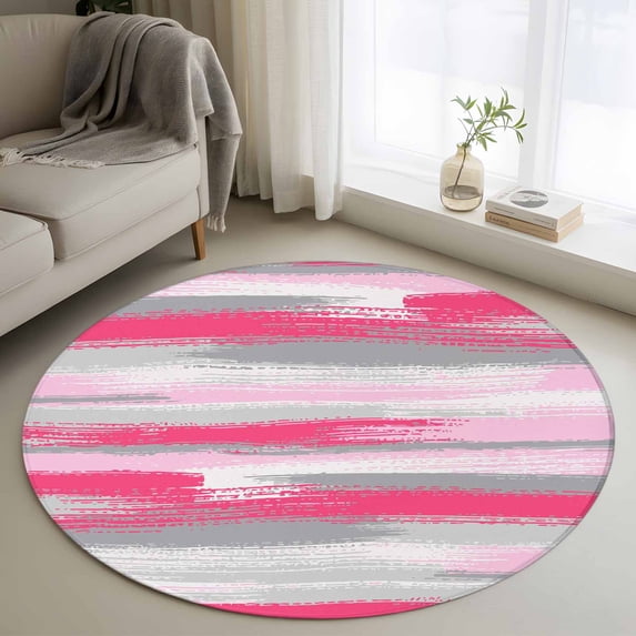 3ft Round Rug, Pink Gray Stripes Non-Skid Rubber Backing Large Area Rugs - Living Room Bedroom Home Office, Watercolor Modern Abstract Minimalist Indoor Floor Mat Carpets Washable Rug