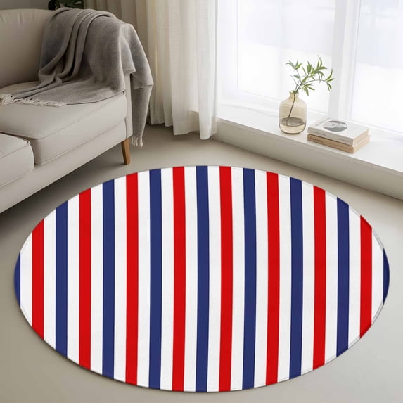 3ft Round Rug, Red Blue White Striped Non-Skid Rubber Backing Large Area Rugs - Living Room Bedroom Home Office, Modern Simple Stripes Indoor Floor Mat Carpets Washable Rug