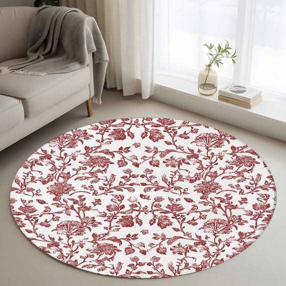 3ft Round Rug, Red Boho Flower Non-Skid Rubber Backing Large Area Rugs - Living Room Bedroom Home Office, Vintage Paisley Farmhouse Pattern Indoor Floor Mat Carpets Washable Rug