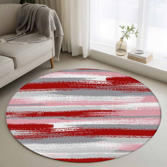 3ft Round Rug, Red Pink Gray Stripes Non-Skid Rubber Backing Large Area Rugs - Living Room Bedroom Home Office, Modern Abstract Minimalist Retro Indoor Floor Mat Carpets Washable Rug