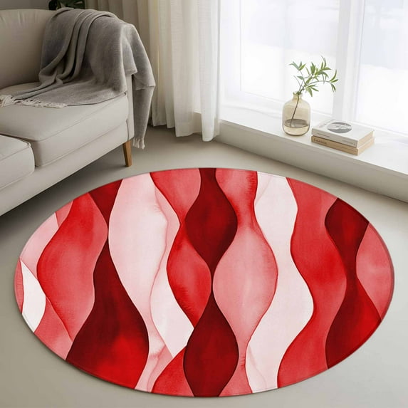 3ft Round Rug, Red Striped Non-Skid Rubber Backing Large Area Rugs - Living Room Bedroom Home Office, Modern Gradient Geometric Ripple Stripes Indoor Floor Mat Carpets Washable Rug