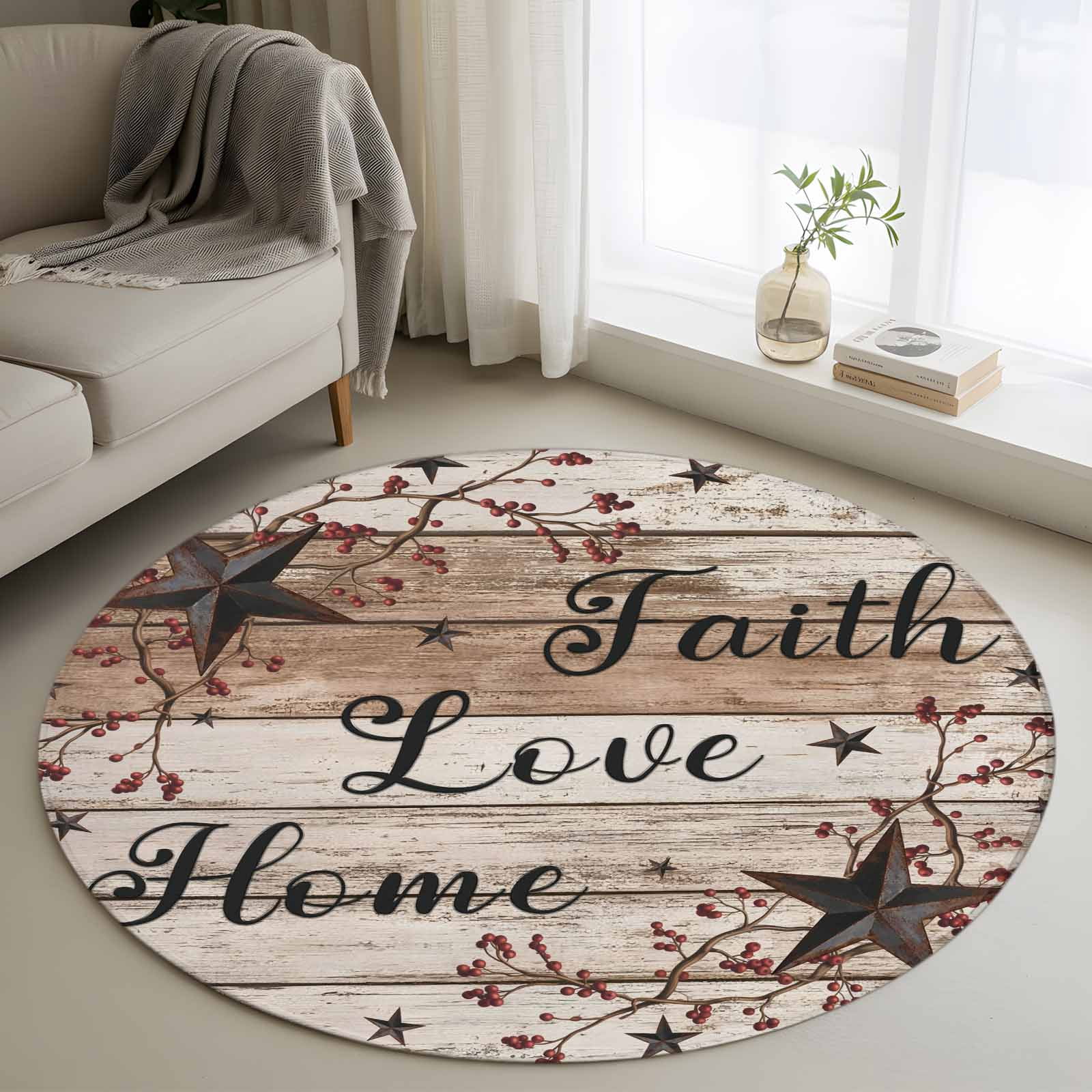 3ft Round Rug, Rustic Star Brown Non-Skid Rubber Backing Large Area ...