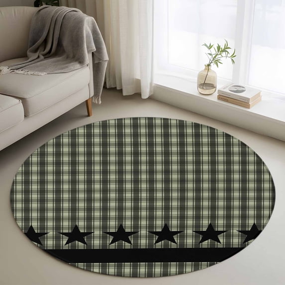 3ft Round Rug, Sage Green Black Plaid Non-Skid Rubber Backing Large Area Rugs - Living Room Bedroom Home Office, Vintage Star Buffalo Check Rustic Indoor Floor Mat Carpets Washable Rug