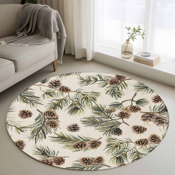 3ft Round Rug, Sage Green Christmas Non-Skid Rubber Backing Large Area Rugs - Living Room Bedroom Home Office, Rustic Pine Cones Xmas Botanical Indoor Floor Mat Carpets Washable Rug