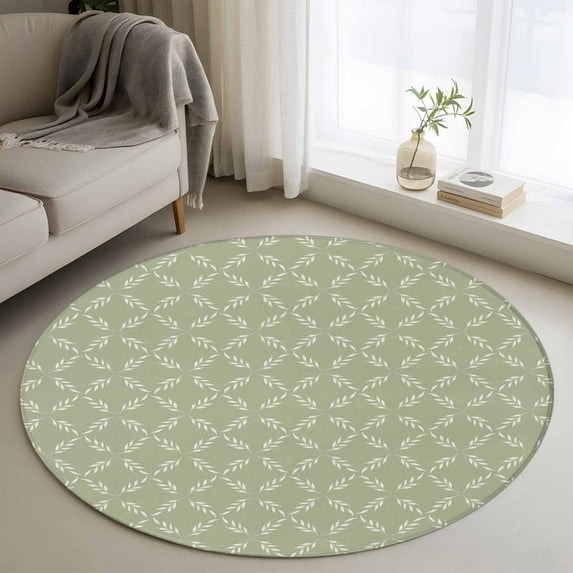 3ft Round Rug, Sage Green Non-Skid Rubber Backing Large Area Rugs - Living Room Bedroom Home Office, Geometric Flower Leaf Diamond Plaid Retro Indoor Floor Mat Carpets Washable Rug