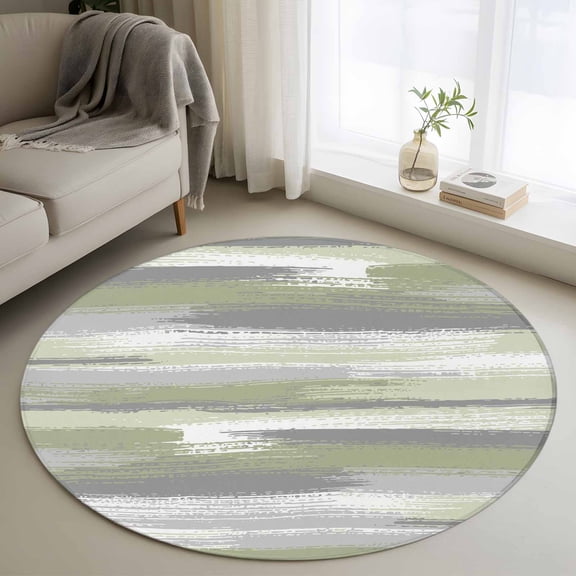 3ft Round Rug, Sage Green Non-Skid Rubber Backing Large Area Rugs - Living Room Bedroom Home Office, Modern Abstract Grey Striped Art Indoor Floor Mat Carpets Washable Rug