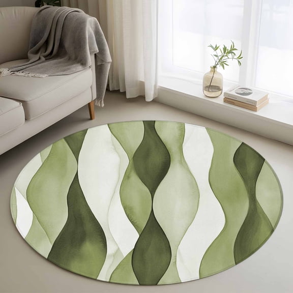 3ft Round Rug, Sage Green Stripes Non-Skid Rubber Backing Large Area Rugs - Living Room Bedroom Home Office, Retro Farmhouse Abstract Ripple Indoor Floor Mat Carpets Washable Rug