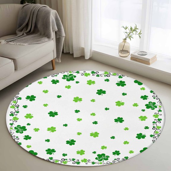 3ft Round Rug, Shamrocks, Non-Skid Rubber Backing Large Area Rugs - Living Room Bedroom Home Office, Saint Patricks Day Green Clover Green White Indoor Floor Mat Carpets Washable Rug
