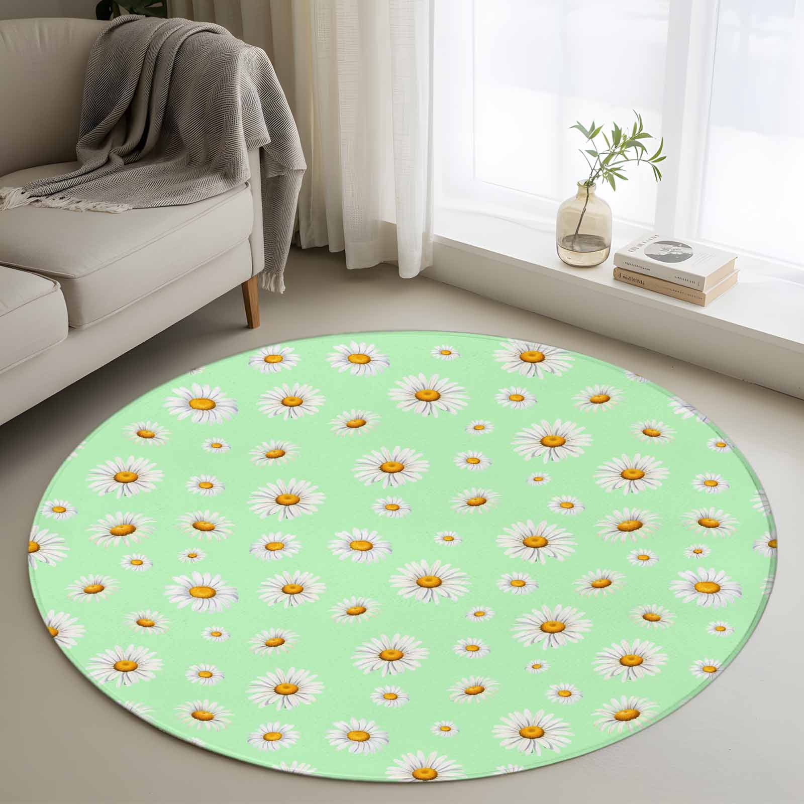 Small Daisy Rug 3ft Round Rug, Spring Floral Daisy Non-Skid Rubber Backing Large Area ...