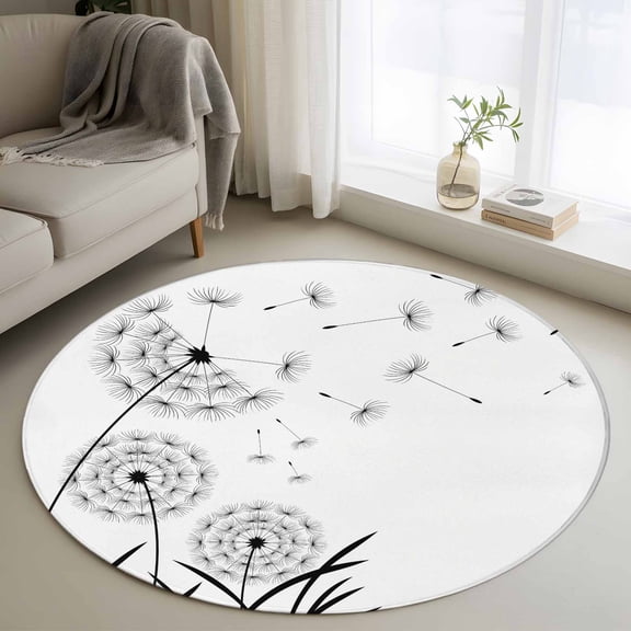 3ft Round Rug, Spring Floral Non-Skid Rubber Backing Large Area Rugs - Living Room Bedroom Home Office, Modern Elegant Pastoral Flowers Black Indoor Floor Mat Carpets Washable Rug