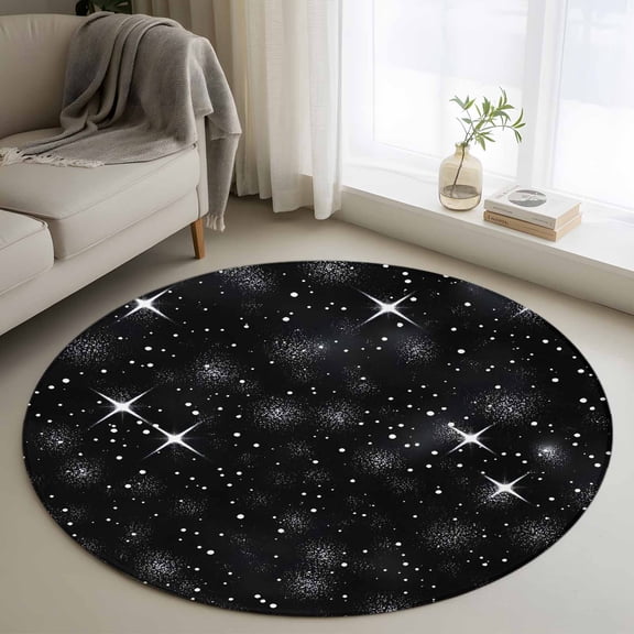 3ft Round Rug, Starry Sky Non-Skid Rubber Backing Large Area Rugs - Living Room Bedroom Home Office, Modern Black Abstract Dots Stars Aesthetic Indoor Floor Mat Carpets Washable Rug