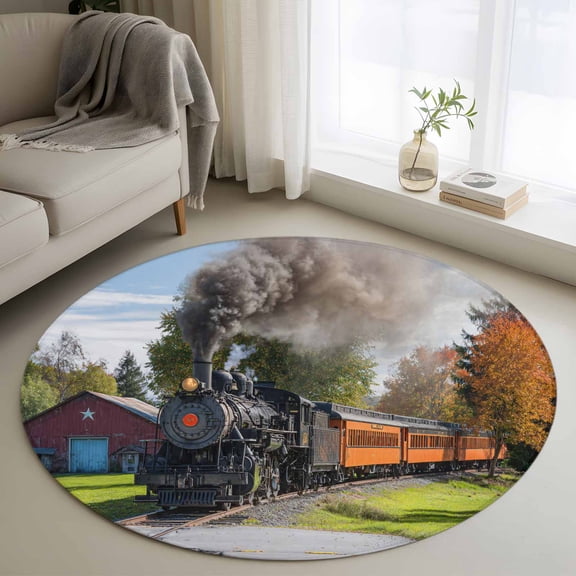 3ft Round Rug, Steam Train Non-Skid Rubber Backing Large Area Rugs - Living Room Bedroom Home Office, Railroad Country Barn Rustic Trees Farmhouse Indoor Floor Mat Carpets Washable Rug