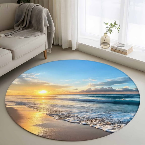 3ft Round Rug, Summer Beach Non-Skid Rubber Backing Large Area Rugs - Living Room Bedroom Home Office, Sunset Ocean Coastal Nautical Indoor Floor Mat Carpets Washable Rug