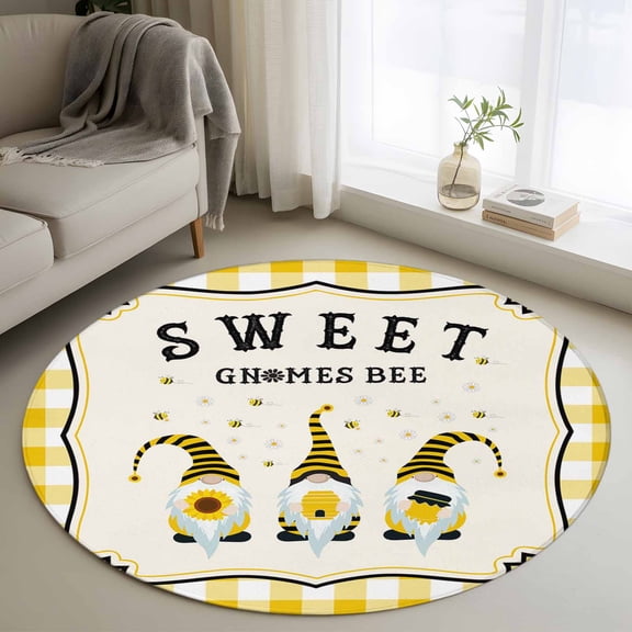 3ft Round Rug, Summer Gnomes Non-Skid Rubber Backing Large Area Rugs - Living Room Bedroom Home Office, Yellow Plaid Sweet Bee Spring Floral Indoor Floor Mat Carpets Washable Rug