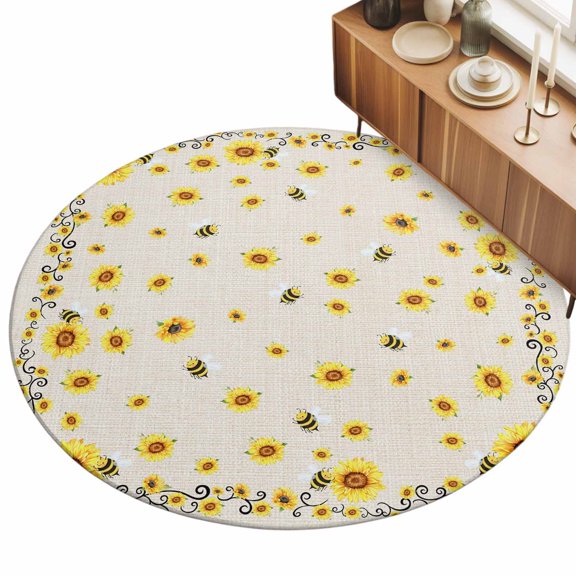 3ft Round Rug Sunflower Bees Area Rugs for Living Room Bedroom Washable Non Slip Circle Rug Spring Summer Farmhouse Floral Beige Burlap Indoor Floor Carpet for Kitchen Entryway Office Dining Room