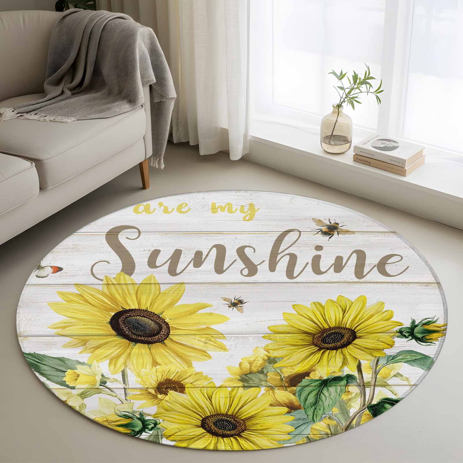 3ft Round Rug, Sunflowers Non-Skid Rubber Backing Large Area Rugs ...
