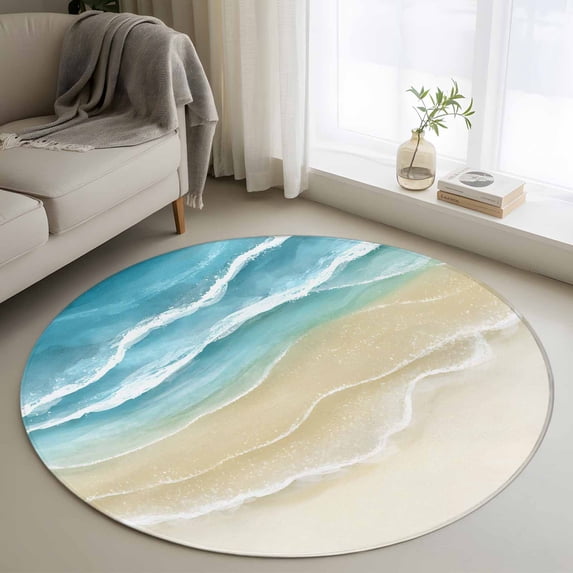 3ft Round Rug, Teal Blue Beach Coastal Non-Skid Rubber Backing Large Area Rugs - Living Room Bedroom Home Office, Summer Ocean Nautical Seaside Indoor Floor Mat Carpets Washable Rug