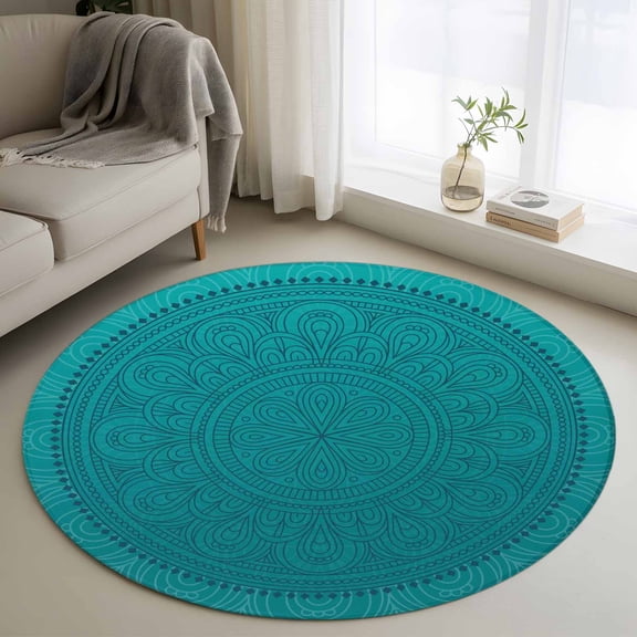 3ft Round Rug, Teal Boho Non-Skid Rubber Backing Large Area Rugs - Living Room Bedroom Home Office, Farmhouse Abstract Geometric Aesthetic Art Indoor Floor Mat Carpets Washable Rug