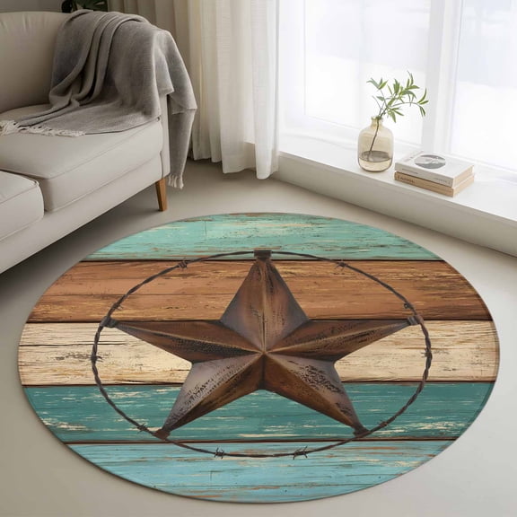 3ft Round Rug, Teal Brown Non-Skid Rubber Backing Large Area Rugs - Living Room Bedroom Home Office, Country Texas Star Farmhouse Barn Door Wood Indoor Floor Mat Carpets Washable Rug