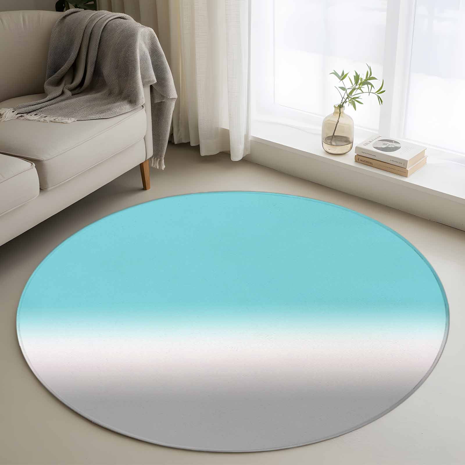 3ft Round Rug, Teal White Grey Ombre Non-Skid Rubber Backing Large Area ...