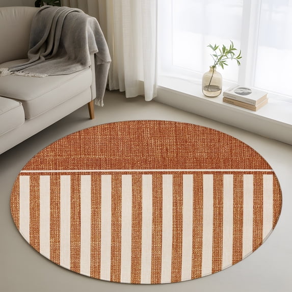 Tan Round Rug 3ft Round Rug, Terracotta Brown Striped Non-Skid Rubber Backing Large ...