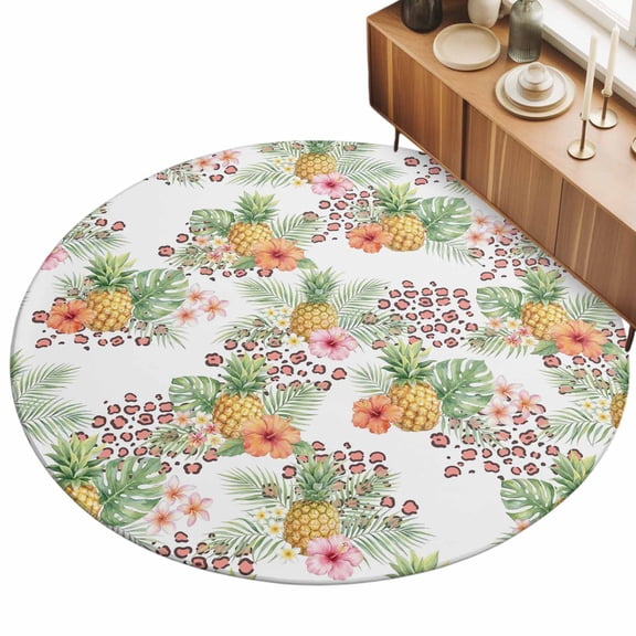 3ft Round Rug Tropical Palm Leaves Pineapple Area Rugs for Living Room Bedroom Washable Non Slip Circle Rug Summer Botanical Green Indoor Floor Carpet for Kitchen Entryway Office Dining Room Home