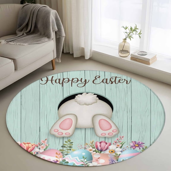 3ft Round Rug, Turquoise Bunny Easter Non-Skid Rubber Backing Large Area Rugs - Living Room Bedroom Home Office, Blue Pink Eggs Rabbits Wooden Indoor Floor Mat Carpets Washable Rug