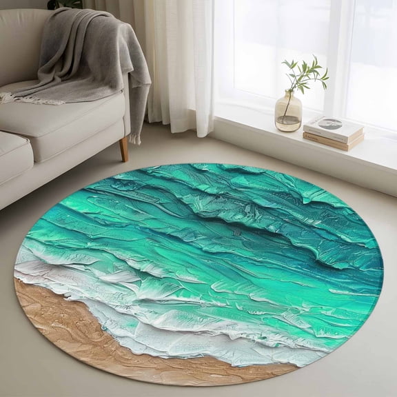 3ft Round Rug, Turquoise Coastal Beach Non-Skid Rubber Backing Large Area Rugs - Living Room Bedroom Home Office, Summer Nautical Oil Painting Indoor Floor Mat Carpets Washable Rug