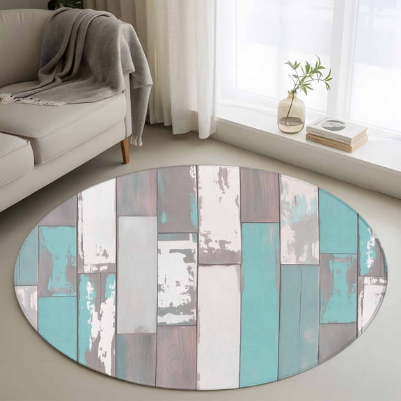 3ft Round Rug, Turquoise Gray Non-Skid Rubber Backing Large Area Rugs - Living Room Bedroom Home Office, Country Retro Mottled Texture Wood Grain Indoor Floor Mat Carpets Washable Rug