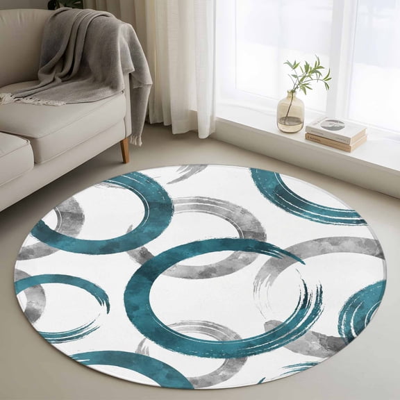 3ft Round Rug, Turquoise Grey Non-Skid Rubber Backing Large Area Rugs - Living Room Bedroom Home Office, Geometric Circle Modern Abstract Simple Art Indoor Floor Mat Carpets Washable Rug