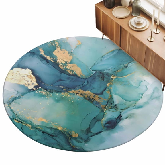 3ft Round Rug Turquoise Marble Area Rugs for Living Room Bedroom Washable Non Slip Circle Rug Low Pile Abstract Minimalist Art Ombre Blue Indoor Floor Carpet for Kitchen Entryway Office Dining Room