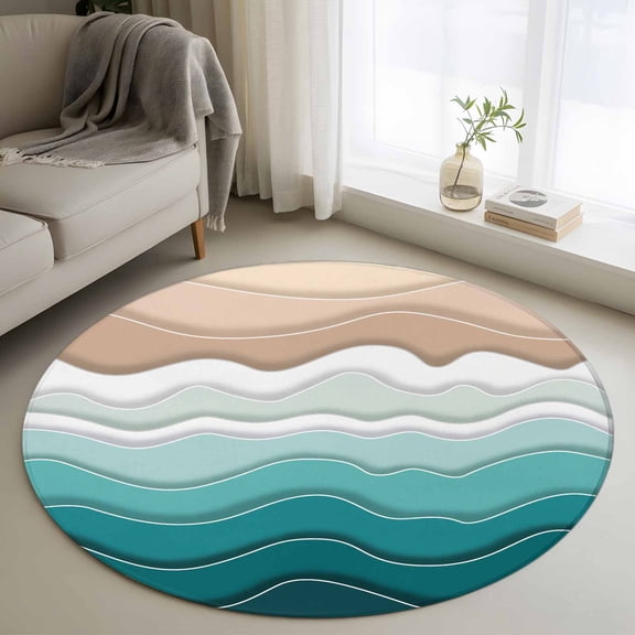3ft Round Rug, Turquoise Ombre Stripe Non-Skid Rubber Backing Large Area Rugs - Living Room Bedroom Home Office, Abstract Summer Beach Coastal Indoor Floor Mat Carpets Washable Rug