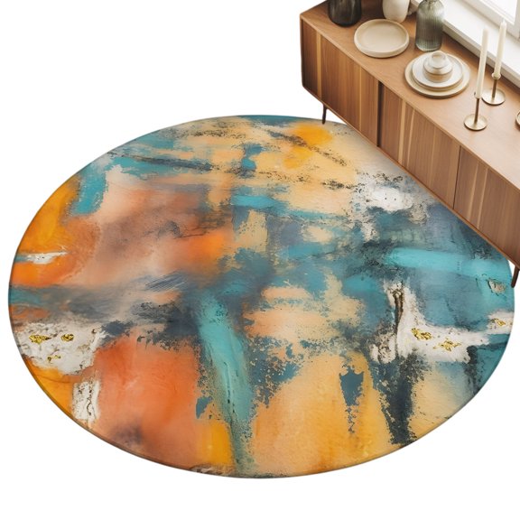3ft Round Rug Turquoise Orange Area Rugs for Living Room Bedroom Washable Non Slip Circle Rug Low Pile Oil Painting Abstract Art Ombre Indoor Floor Carpet for Kitchen Entryway Office Dining Room Home
