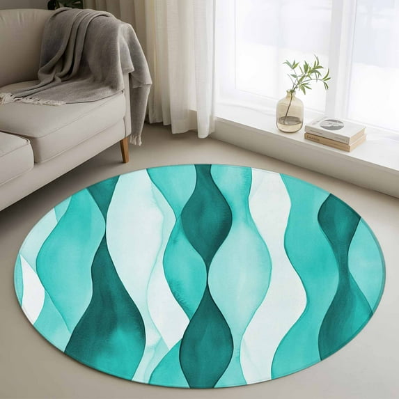 3ft Round Rug, Turquoise Stripes Non-Skid Rubber Backing Large Area Rugs - Living Room Bedroom Home Office, Vintage Farmhouse Ripple Texture Art Indoor Floor Mat Carpets Washable Rug