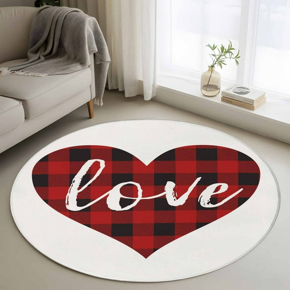 3ft Round Rug, Valentine's Day Non-Skid Rubber Backing Large Area Rugs - Living Room Bedroom Home Office, Red Black Plaid Love Sweet Romance Indoor Floor Mat Carpets Washable Rug