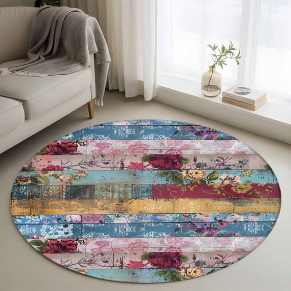 3ft Round Rug, Vintage Floral Non-Skid Rubber Backing Large Area Rugs - Living Room Bedroom Home Office, Farmhouse Botanical Flowers Indoor Floor Mat Carpets Washable Rug